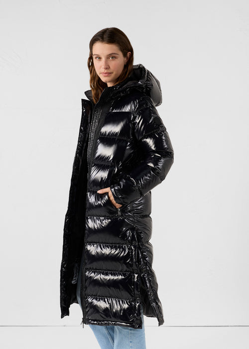 DOUDOUNE LONGUE LAQUÉE À CAPUCHE GRAND FROID NOIR KARACHI