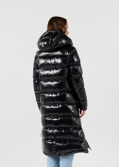 DOUDOUNE LONGUE LAQUÉE À CAPUCHE GRAND FROID NOIR KARACHI
