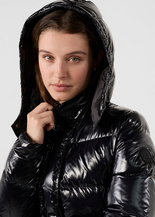 DOUDOUNE LONGUE LAQUÉE À CAPUCHE GRAND FROID NOIR KARACHI